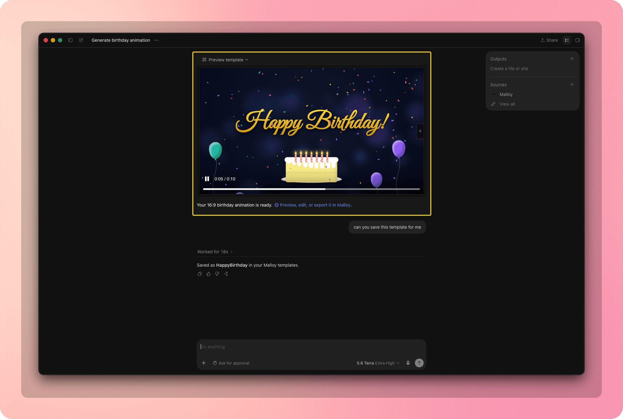 Completed birthday animation preview in Codex with confirmation that the template was saved