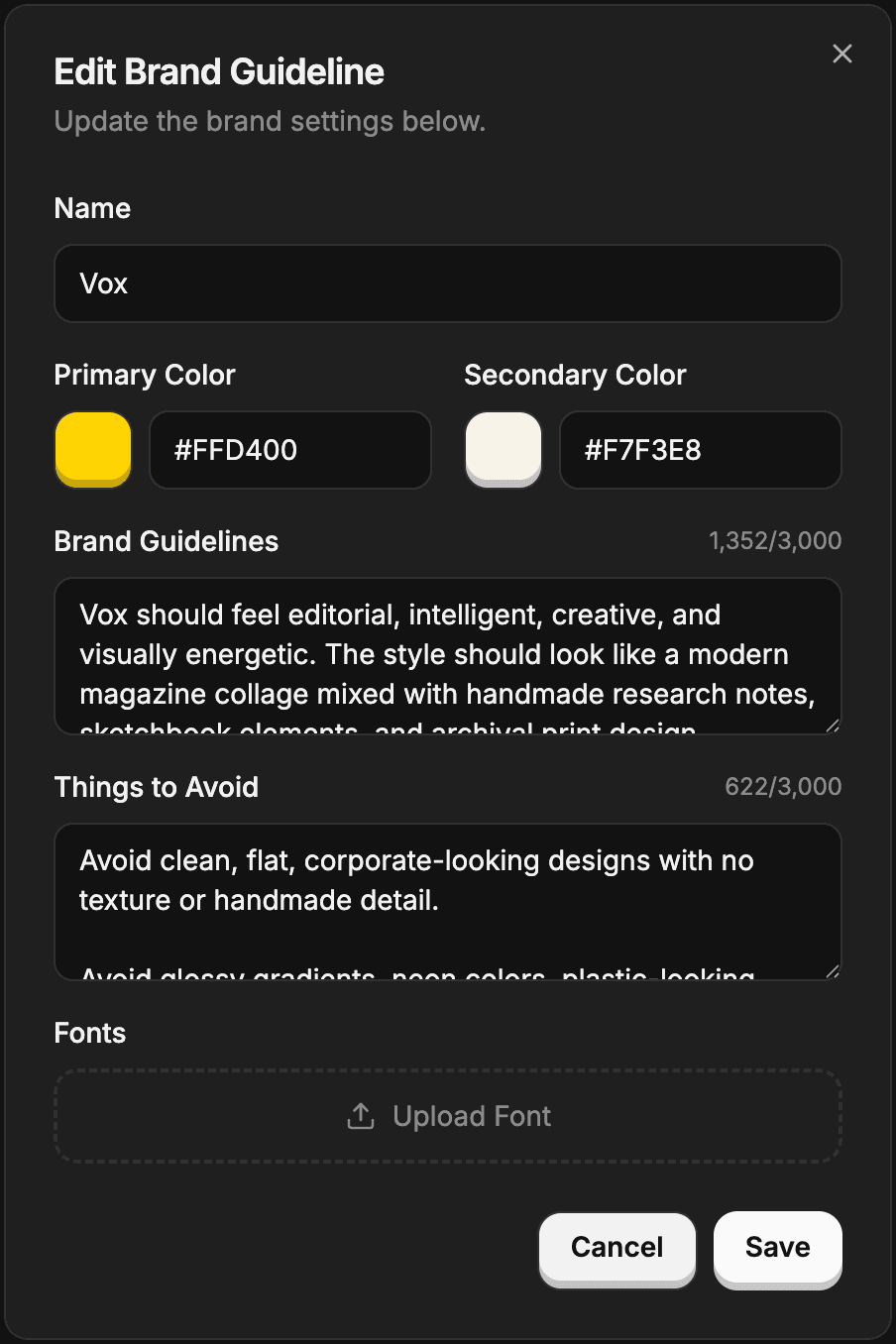 Malloy brand guideline settings panel showing brand name, primary and secondary colors, brand guidelines, things to avoid, and fonts
