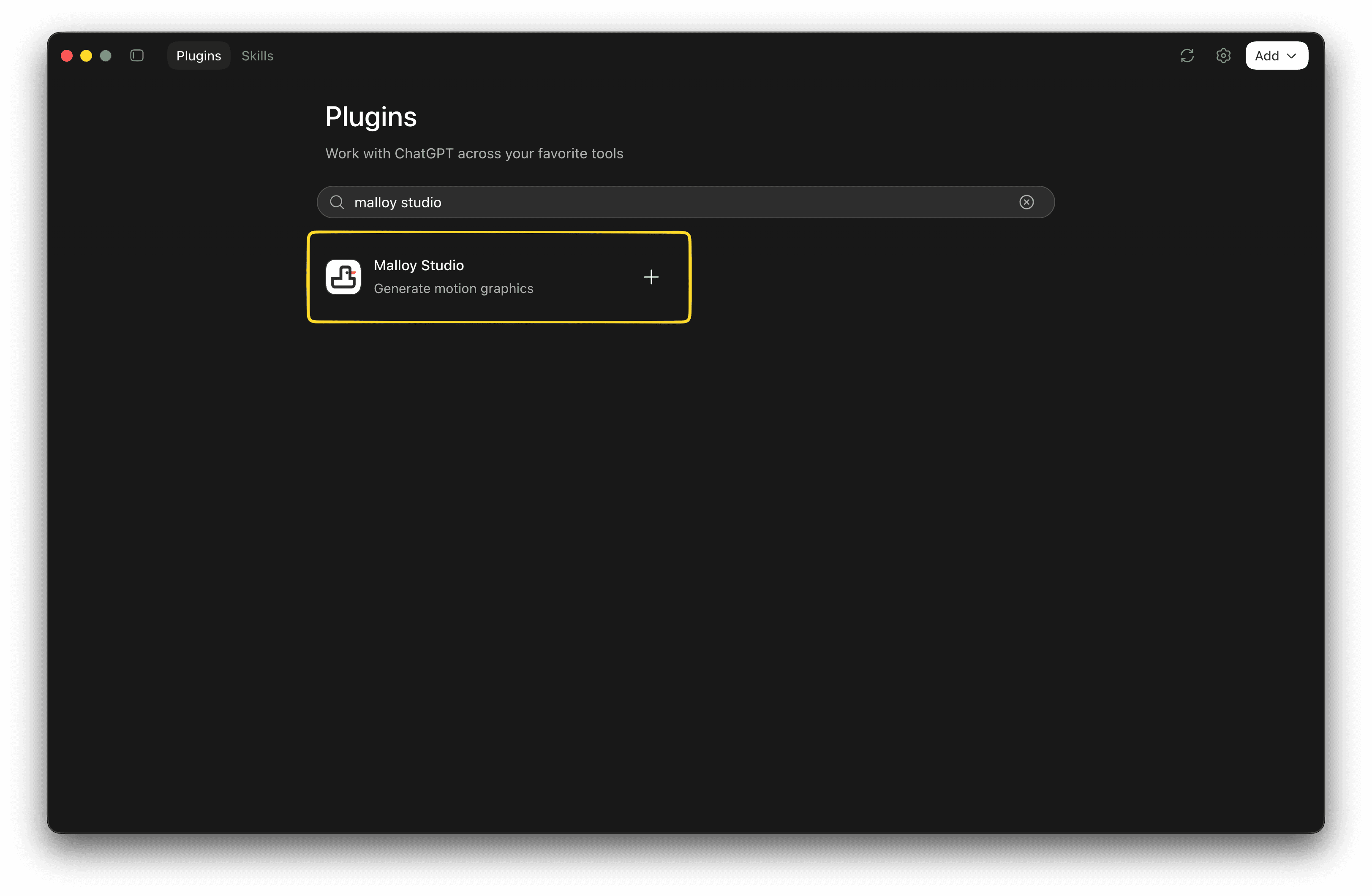 ChatGPT Plugins search for malloy studio with the Malloy Studio result highlighted