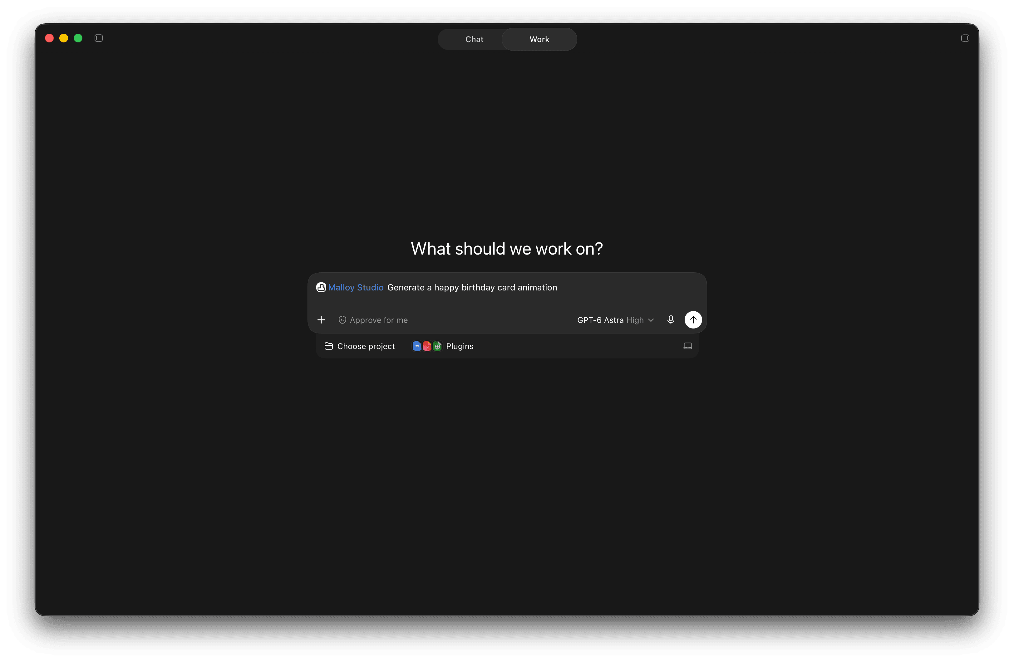 ChatGPT Work message box with Malloy Studio selected and the prompt Generate a happy birthday card animation