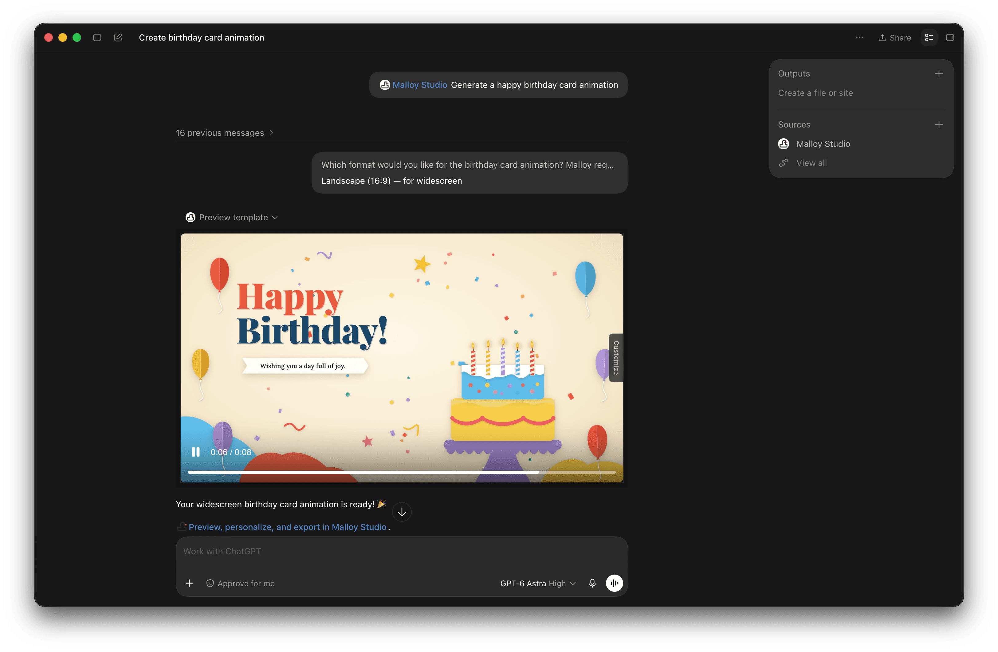 ChatGPT conversation showing the Landscape 16:9 choice and a playable birthday card preview with balloons, confetti, and a cake