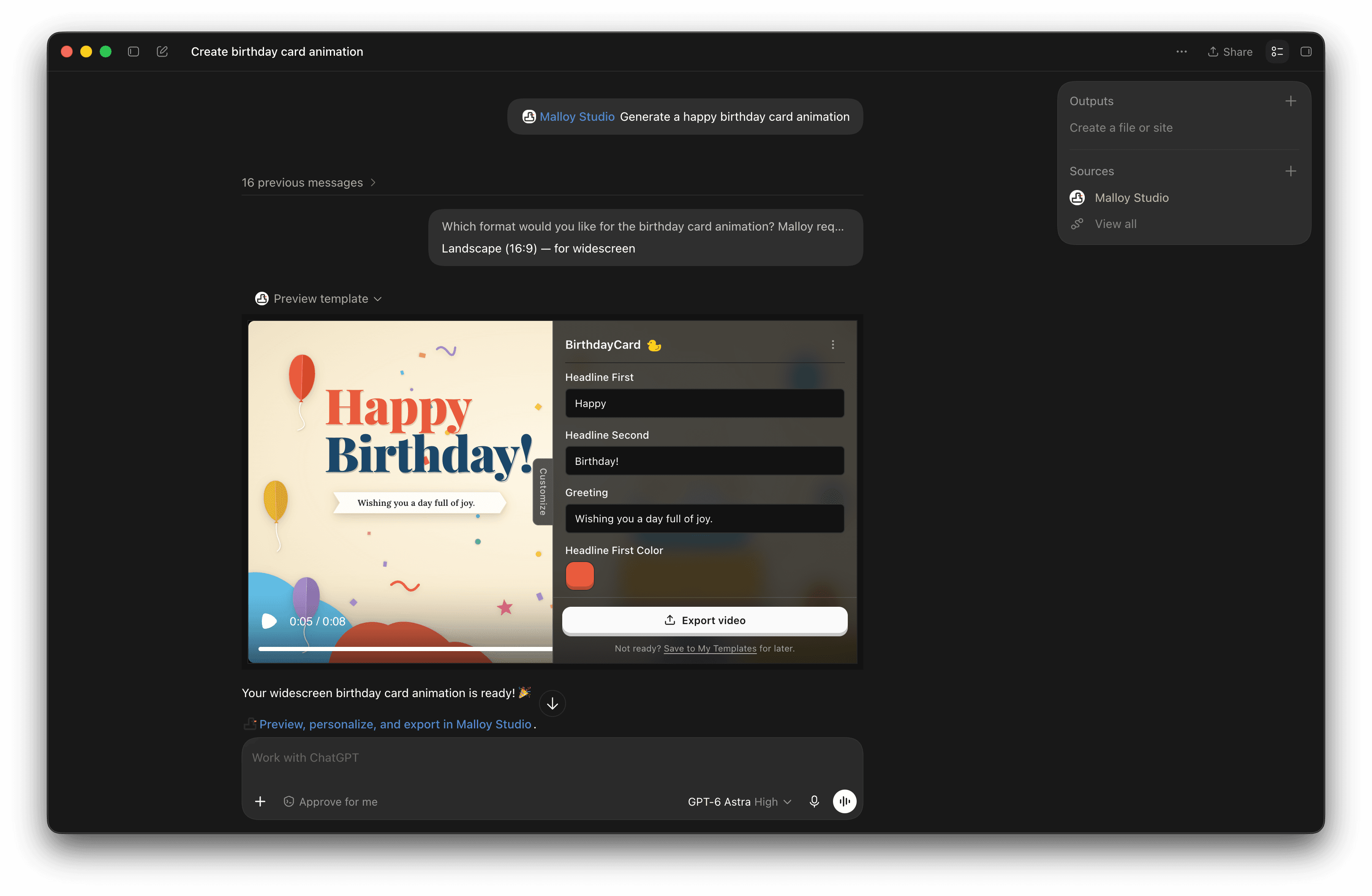 Birthday card Customize panel showing headline and greeting fields, a color control, Export video, and Save to My Templates