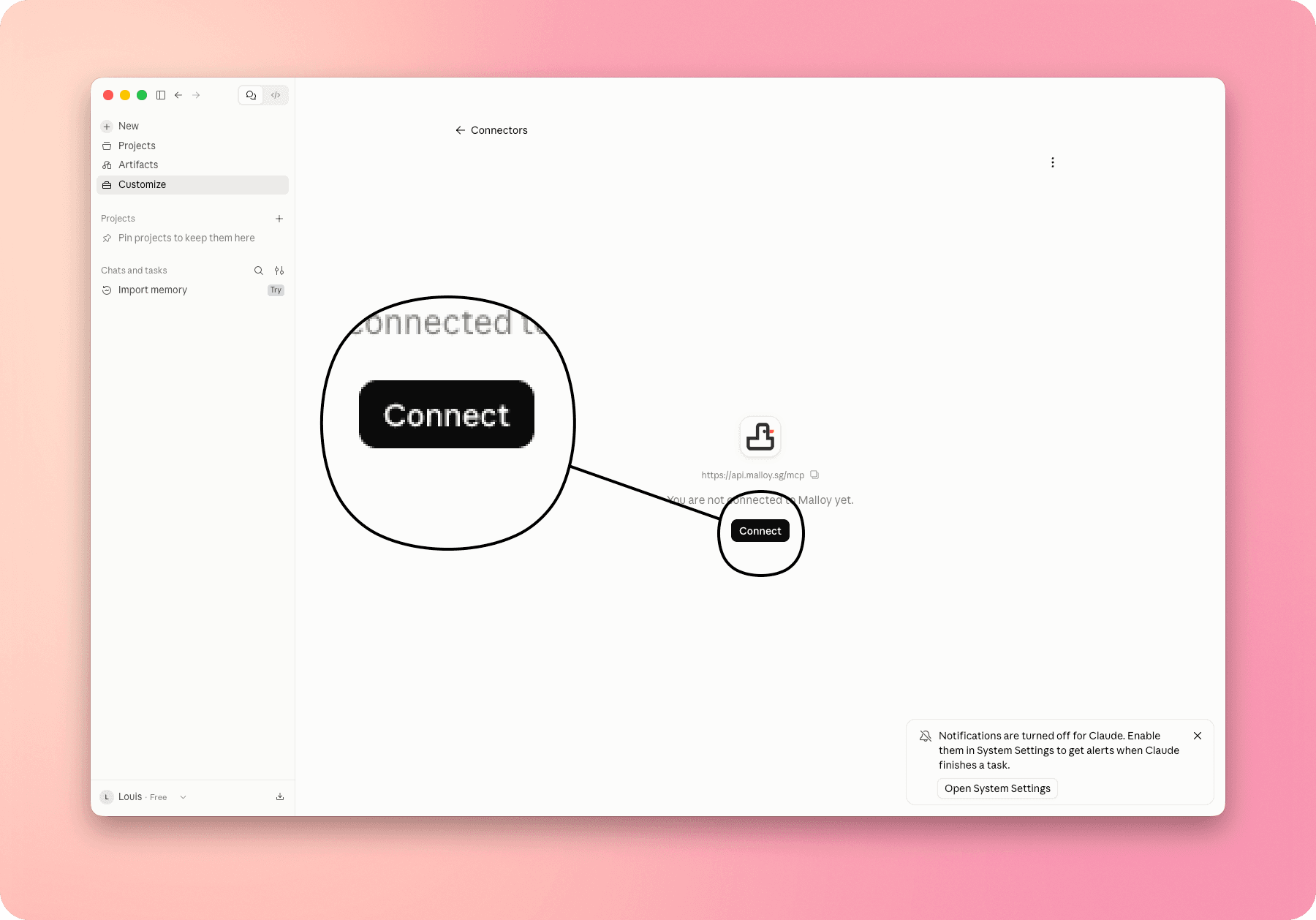 Malloy connector page in Claude with the Connect button