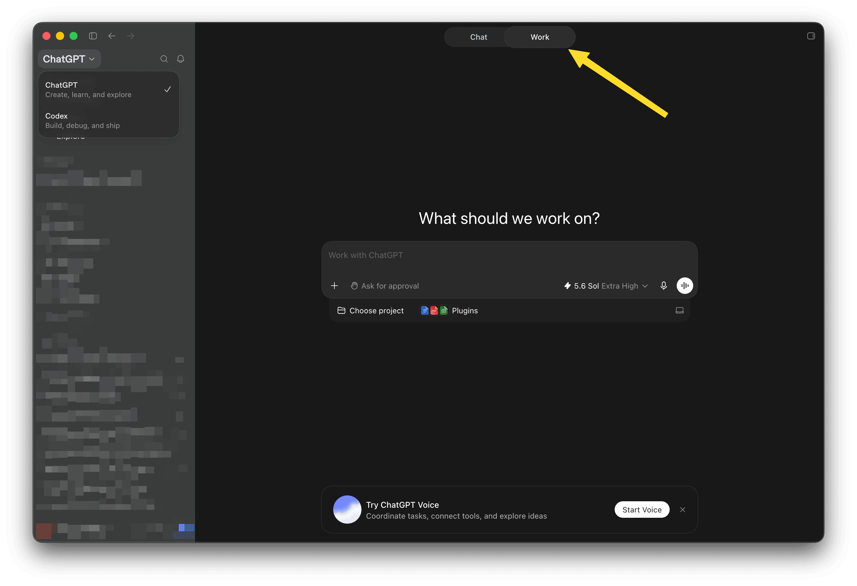 ChatGPT desktop app with ChatGPT selected and the Work tab highlighted