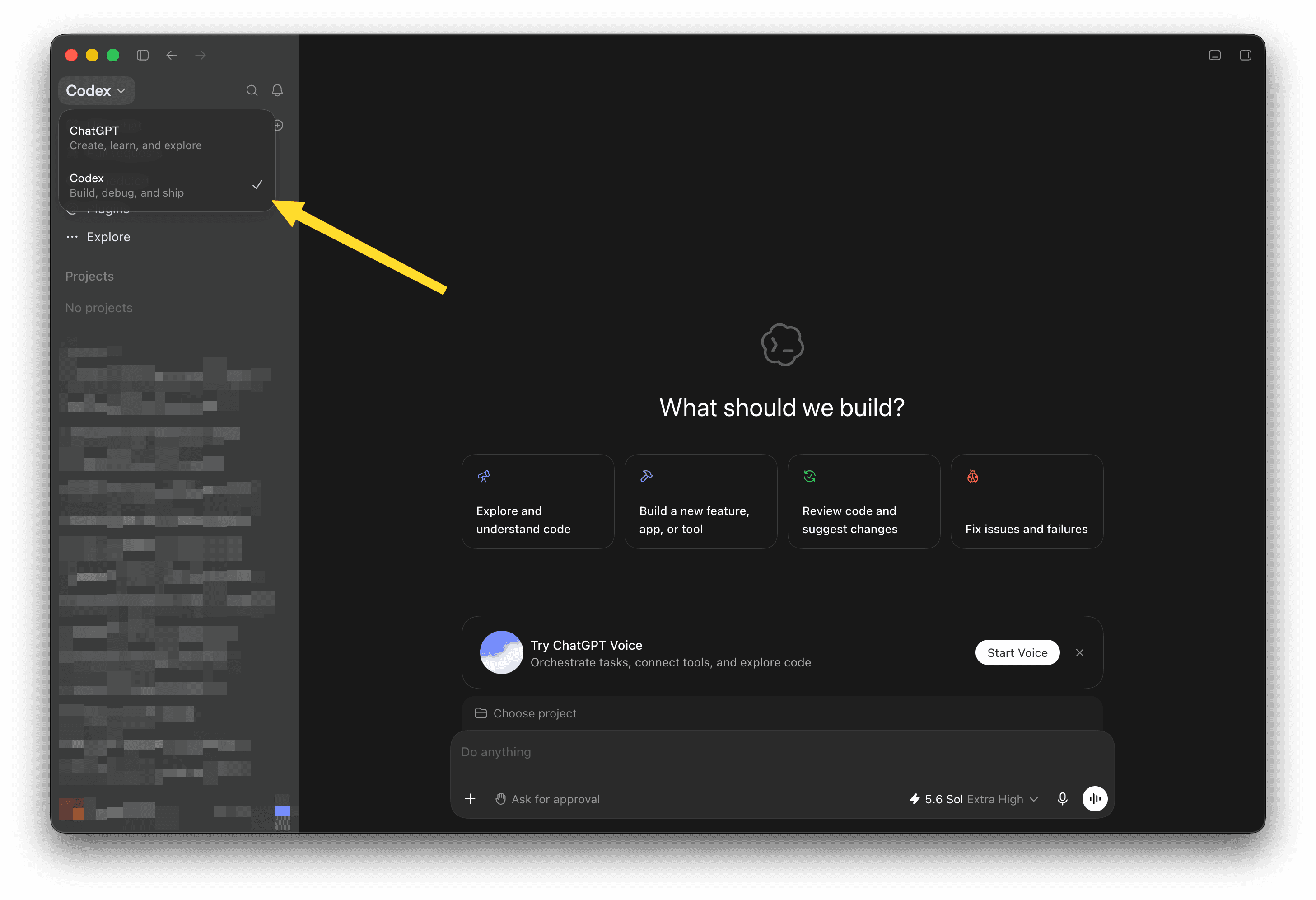 ChatGPT desktop app with Codex selected in the app menu