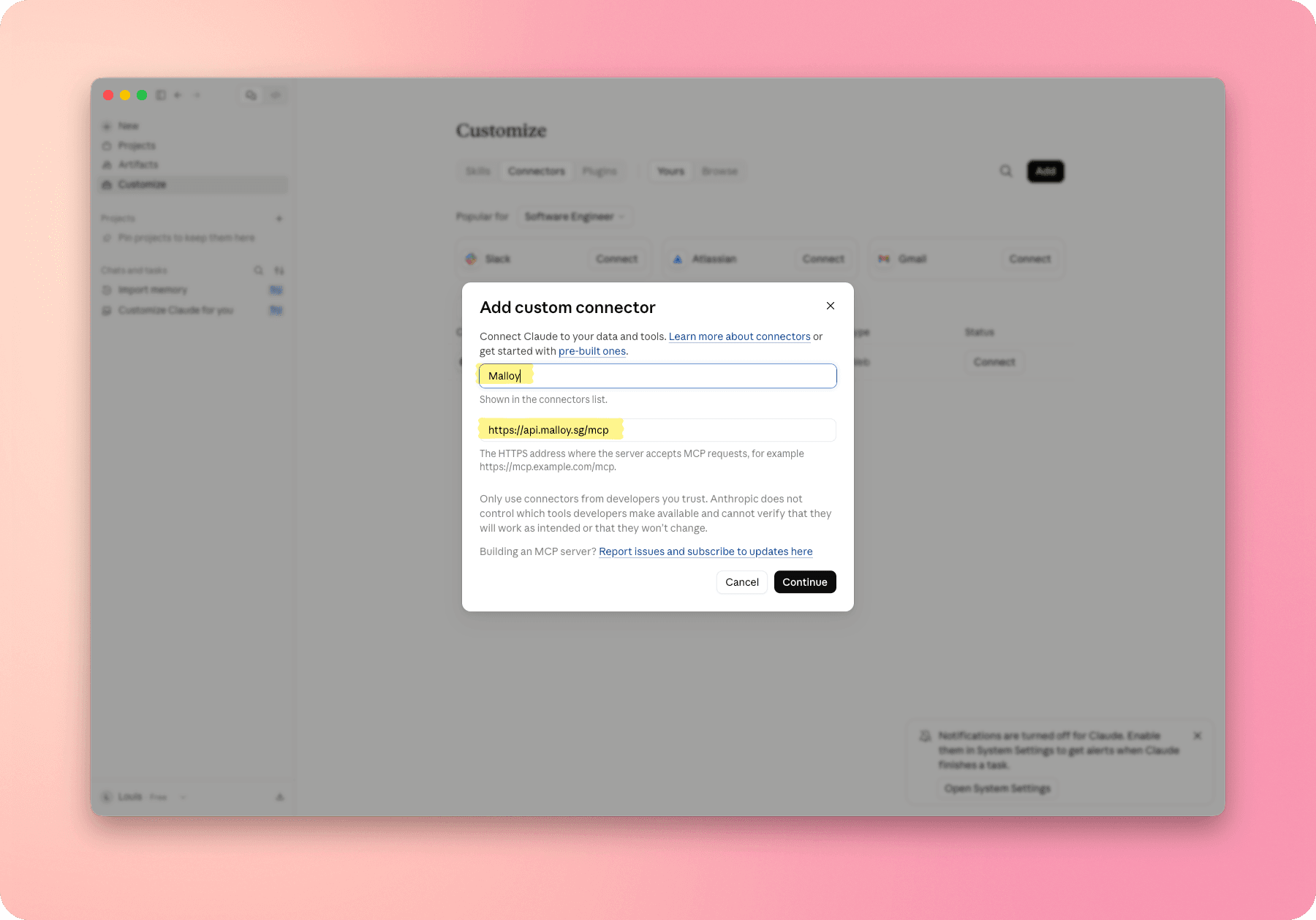 Claude Add custom connector form with Malloy and the Malloy MCP link filled in