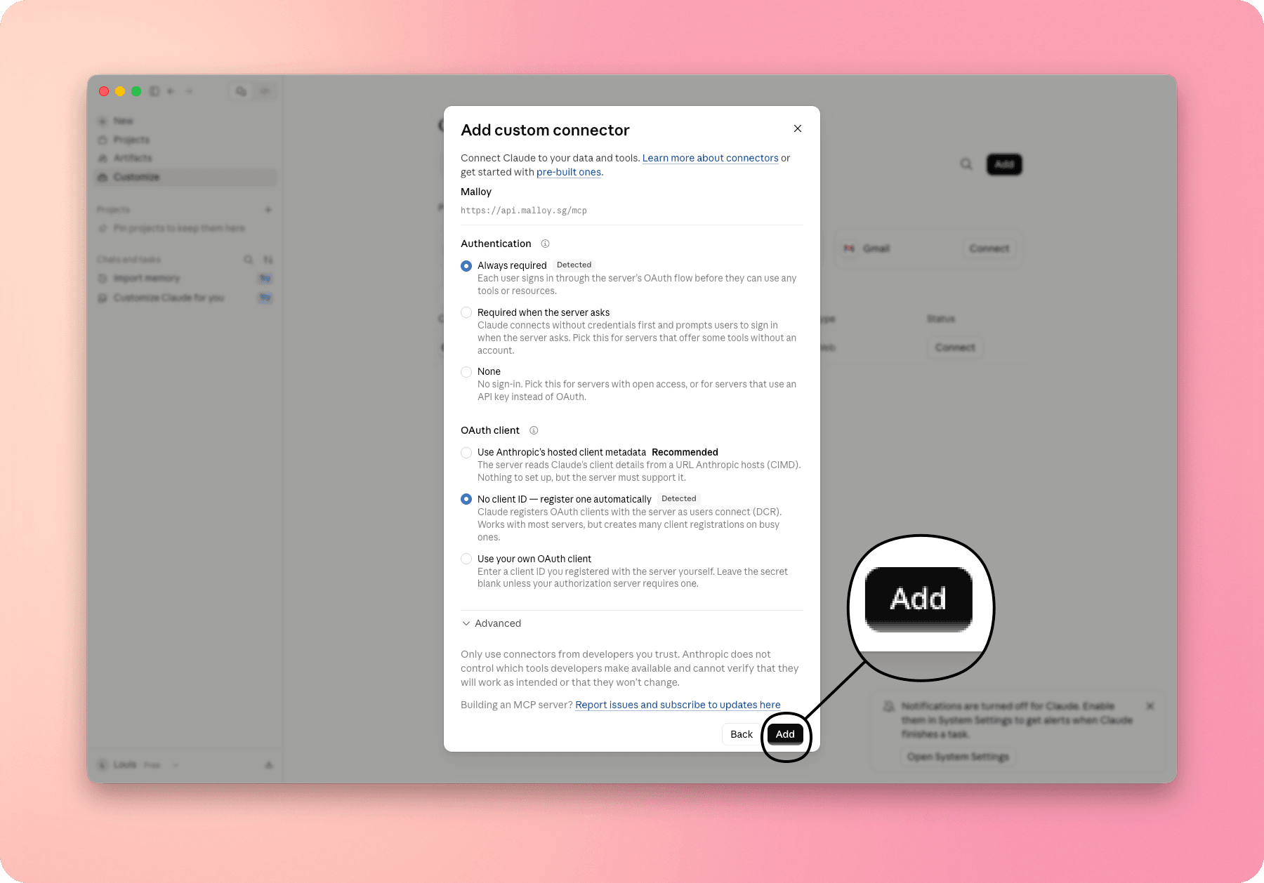 Claude sign-in settings with Always required and automatic client ID selected