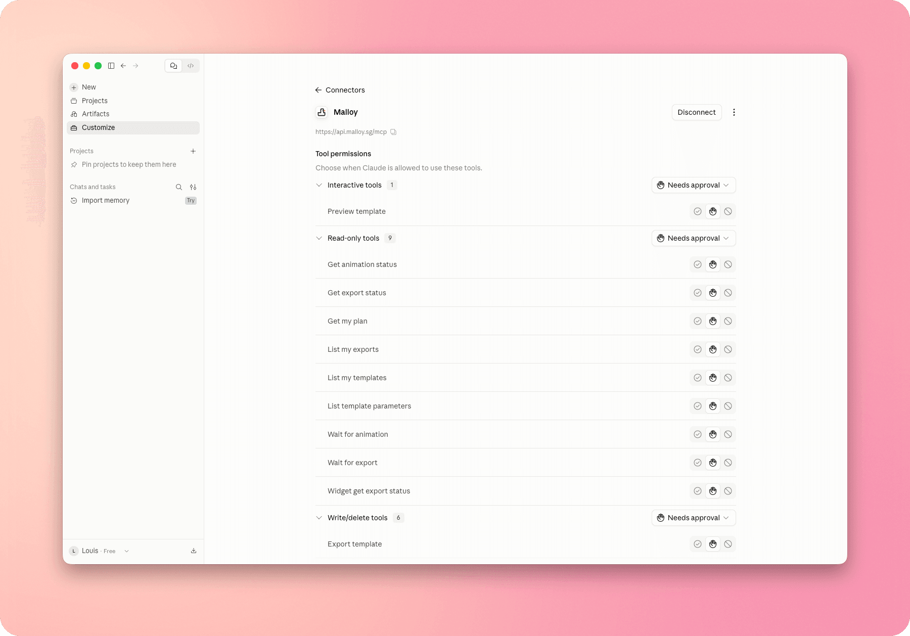 Connected Malloy page in Claude with its tools and approval settings