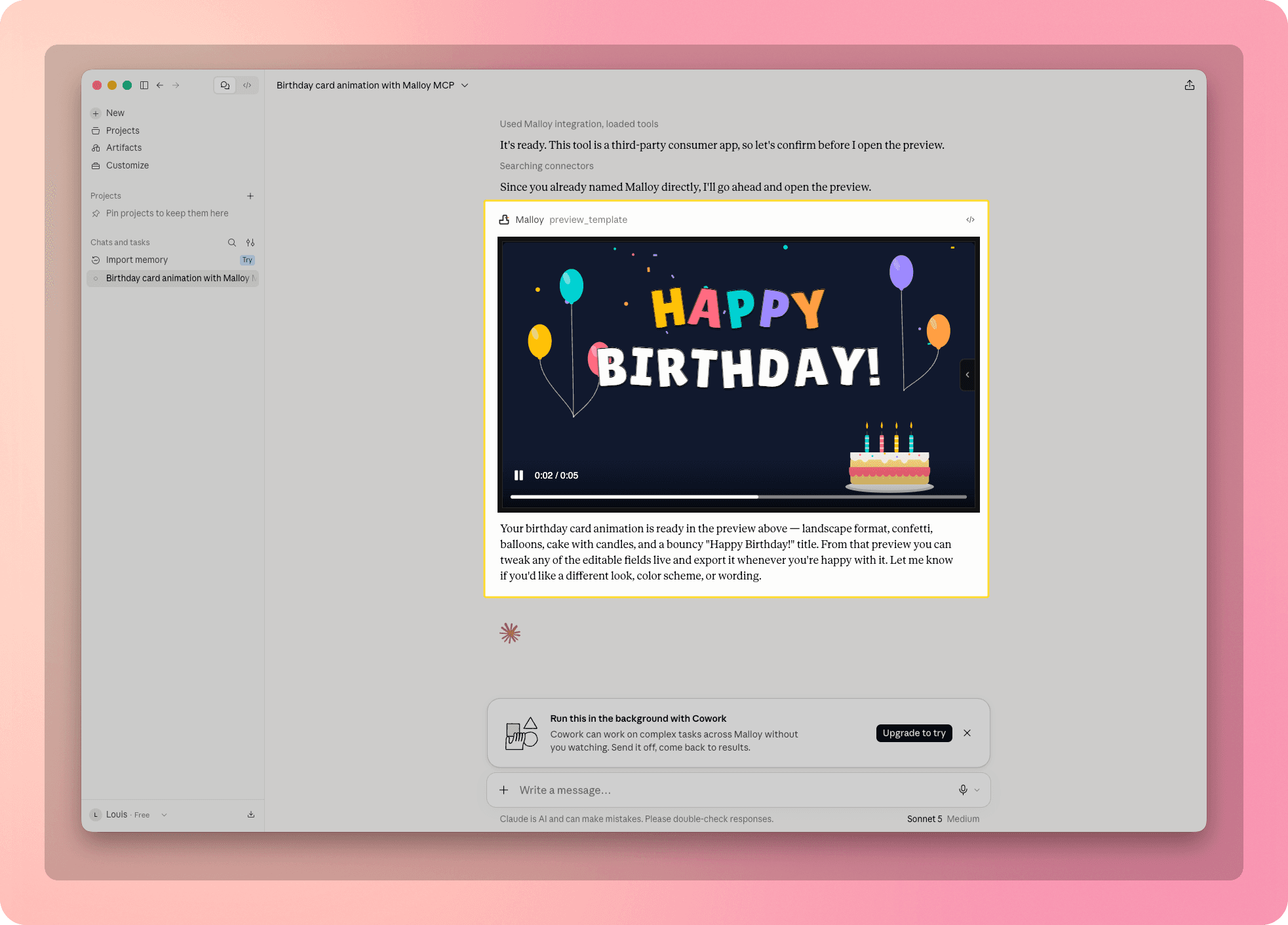 Happy Birthday motion graphic playing in the Malloy preview inside Claude