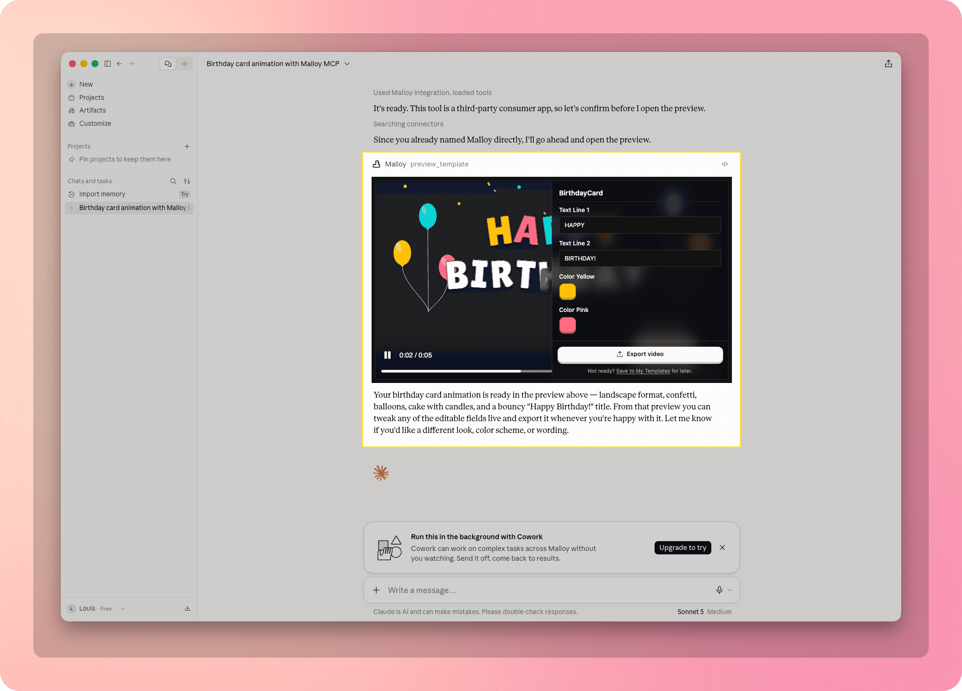 Malloy edit panel with fields for birthday text, colors, and video export