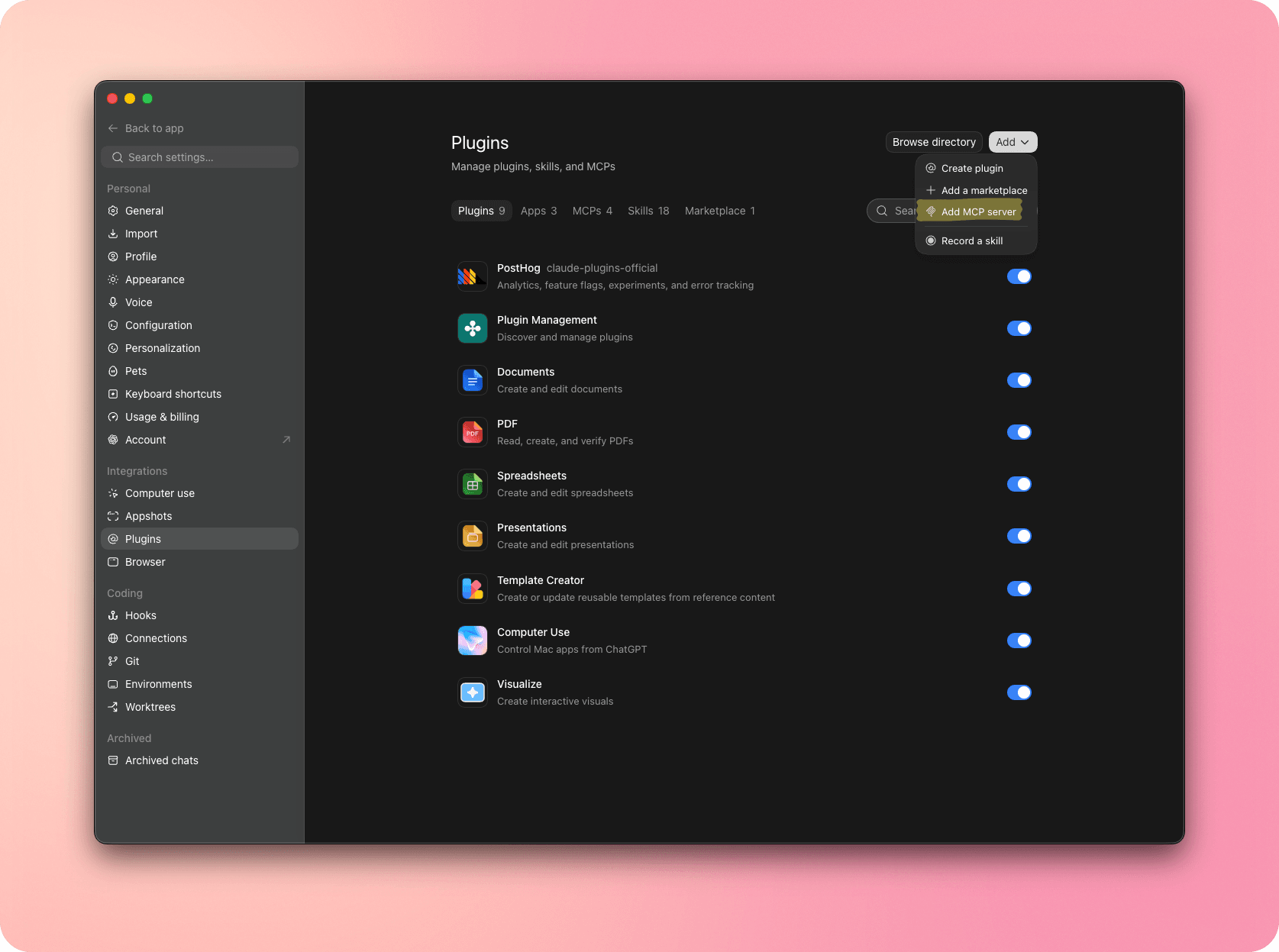 ChatGPT Plugins settings with Add MCP server selected from the Add menu