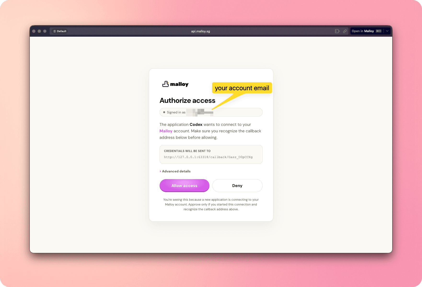 Malloy authorization page showing Codex, the signed-in account, and the Allow access button