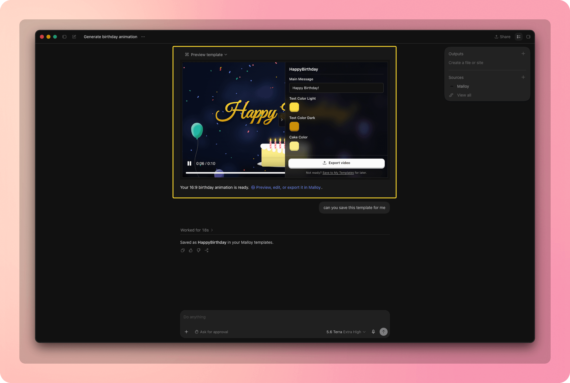 Malloy preview side panel in ChatGPT with editable birthday message and colors plus an Export video button